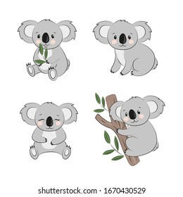 Cartoon koala bears set. Vector illustration for kids.