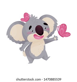 Cartoon koala with butterflies. Vector illustration on white background.