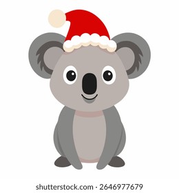 Cartoon koala in christmas red hat .Suitable for children's books, greeting card,sticker, mascot, logo. Vector illustration on white background	