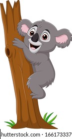 Cartoon koala climbing tree branch