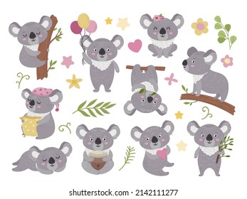 Cartoon koala. Comic koalas clipart, funny australian animals in diverse poses. Lazy, smile and dreaming exotic bear, isolated childish neoteric vector stickers