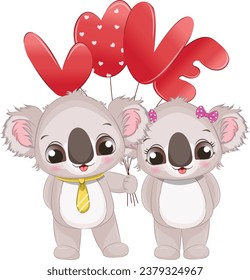Cartoon Koala Couple with Love Balloon Vector