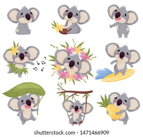 Cartoon koala in different situations. Vector illustration on white background.