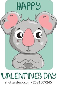 Cartoon Koala face with cute eyes and gesture showing heart. Front portrait.Vector illustration for children print design, poster, valentine. Valentine's day romantic postcard. Nursery decor. Isolated