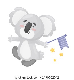 Cartoon koala with a flag. Vector illustration on a white background.