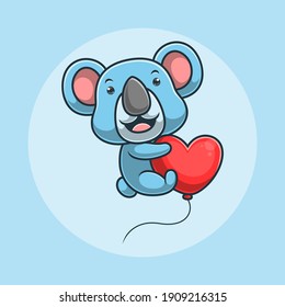 cartoon koala flying using a heart shaped balloon