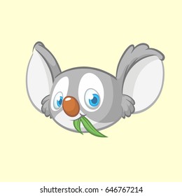 Cartoon koala head icon. Vector illustration of cute koala face with leaf of eucalyptus tree