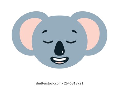 Cartoon Koala Head relaxado. Rosto calmo do urso marsupial sonolento. Avatar, personagem selvagem australiano. Cinza bonito Animal Resting com olhos fechados e grandes ouvidos. Design plano. Isolado. Ilustração vetorial