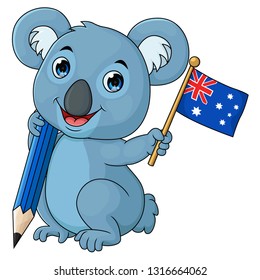 cartoon koala holding a pencil and flag isolated on a white background-vector art
