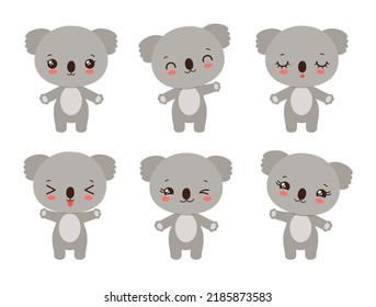 Cartoon koala kawaii style emoji. Baby koala character set various emotions. Kawaii animal facial expressions - calm, happy, laughing, smiling, waving, winking. Cute koala bear character chibi style.