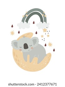 Cartoon koala, Mond, dekorative Elemente. flacher Stil, bunter Vektorgrafik für Kinder. Babydesign für Karten, Plakatdekoration, T-Shirt-Druck