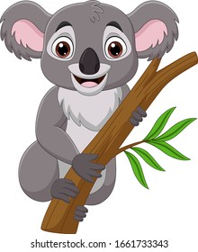 Cartoon koala on a tree branch