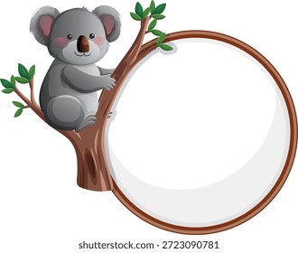 Coala de desenhos animados empoleirado no galho de árvore ao lado de quadro redondo vazio, vetor plano estilo de ilustração