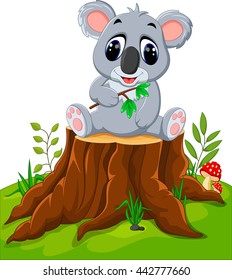 Cartoon koala posing on tree stump