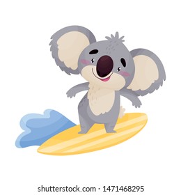 Cartoon koala rides on the surf. Vector illustration on white background.