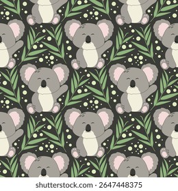 Cartoon koala seamless pattern on dark background. Children's vector illustration for fabric, textile, wallpaper, wrapping paper	
