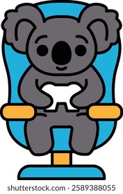 A cartoon koala sitting in a chair. The chair is blue and the koala is smiling