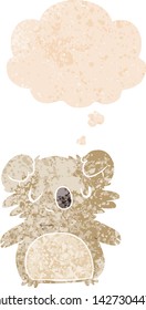 caricatura koala con burbuja de pensamiento en un estilo retro angustiado y con texturas estrafalarias
