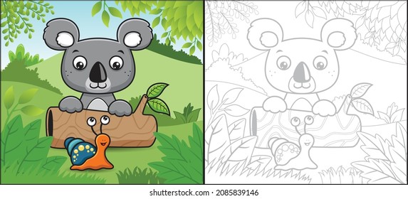 Cartoon of koala in tree trunk with funny snail in forest. Coloring book or page