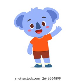 Cartoon koala acenando com um sorriso, vestindo camisa laranja e shorts marrons em fundo branco.