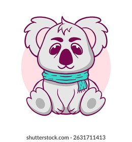 Cartoon koala wearing a blue scarf. The scarf is wrapped around the koala's neck and is blue in color