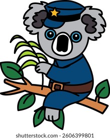 A cartoon of a koala wearing a police uniform. The koala is holding a stick and has an open mouth