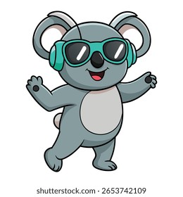 Coala de desenhos animados usando óculos escuros e fones de ouvido dançando