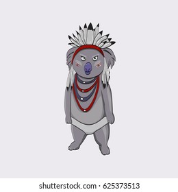 Cartoon koala wears sachem costume. Grumpy chief koala character isolated on white background.