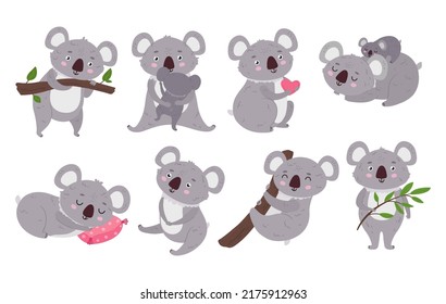 Caricatura koalas. Cute australia oso dormido, koala salvaje en una rama y animal con la ilustración del vector bebé. Personajes furtivos relajándose en la almohada, sosteniendo el corazón, abrazando padres con niños