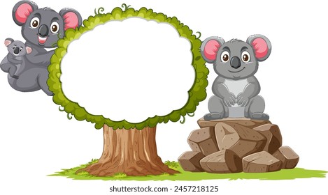 Cartoon koalas near a tree and pile of rocks.