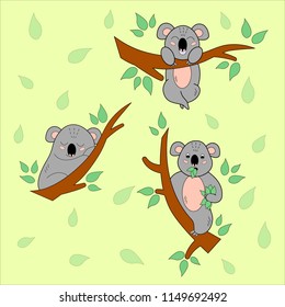 Cartoon koalas on the eucalyptus tree set. Children book. Vector illustration.