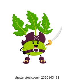 Cartoon kohlrabi pirate and corsair vegetable character. Isolated vector cheerful veggies personage with mischievous smile wear tricorn hat and wielding a sword, ready for a adventure on the high seas