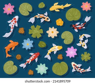 Cartoon koi fish, Japanese carp, oriental goldfish and water flowers. Fish koi, asian carp in decorative traditional pond vector symbols illustrations. Oriental koi carp fish