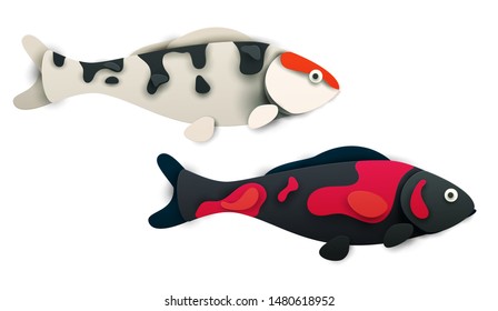 Cartoon koi fish in trendy paper cut craft graphic style isolated on white background. Modern design for advertising, branding greeting card, cover, poster, banner. Vector illustration.