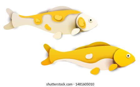 Cartoon koi fish in trendy paper cut craft graphic style isolated on white background. Modern design for advertising, branding greeting card, cover, poster, banner. Vector illustration.