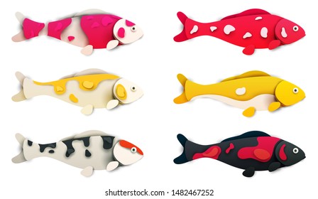 Cartoon koi fish in trendy paper cut craft graphic style isolated on white background. Modern design for advertising, branding greeting card, cover, poster, banner. Vector illustration.