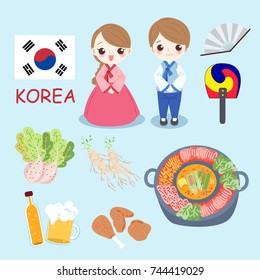 cartoon korea people on the blue background