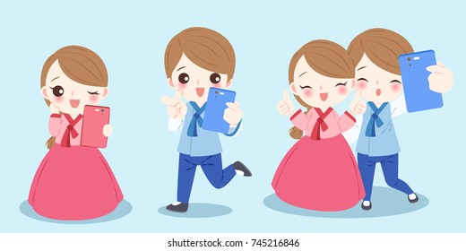 cartoon korea people selfie happily on the blue background