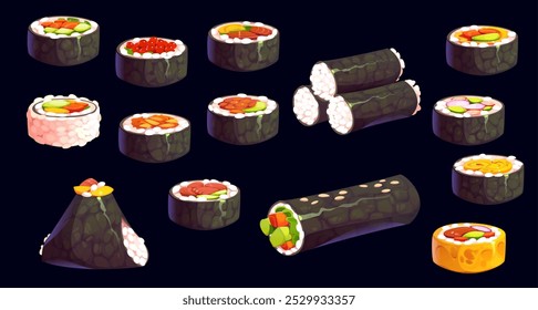 Cartoon Korean cuisine kimbap set. Vector Asian rolls, showcasing different delicious ingredients like vegetables, fish and rice. Each piece is appetizing and representing traditional cuisine of Korea