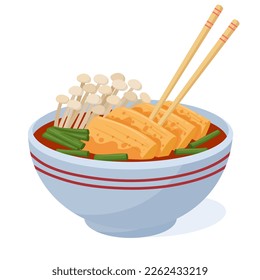 Cartoon Korean food bowl. Asian tasty dish, mushrooms and fish, traditional asian cuisine flat vector illustration