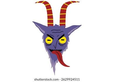 Cartoon krampus character. Crampus face scary christmas demon for naughty kids. Print for t-shirt, sticker. Stock vector illustration isolated on white background.