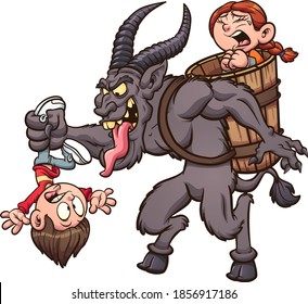 Cartoon Krampus character kidnapping a couple of kids. Vector clip art illustration with simple gradients. Some elements on separate layers. 
