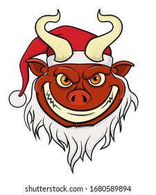 cartoon krampus face in christmas hat.isolated on white background vector stock illustration
