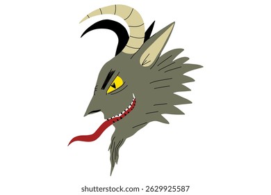 Cartoon krampus illustration. Cartoon krampus character. Crampus face scary christmas demon for naughty kids. Print for t-shirt, sticker. Stock vector illustration isolated on white background.