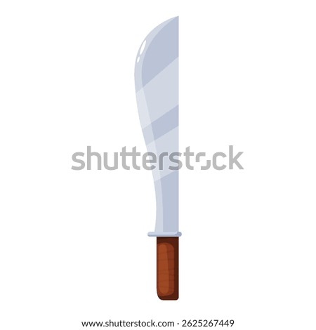 Cartoon kukri machete knife pointing upwards with wooden handle and sharp blade, isolated on white background