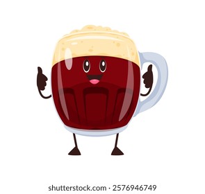 Cartoon kvass or dark beer drink cute character. Pub beer tankard comical vector personage, craft brewery ale glass cup or Oktoberfest alcohol drink mug happy character. Bar beer tankard cute mascot