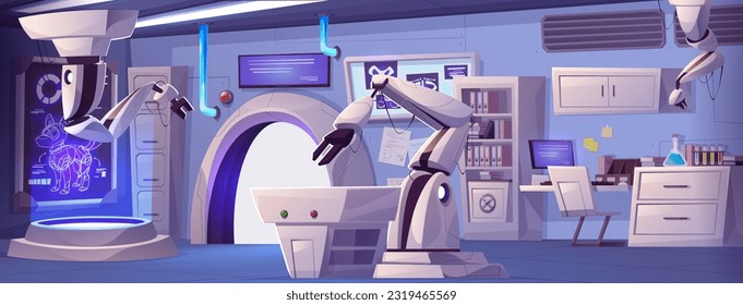 Cartoon lab technology interior vector background. Laboratory robot equipment for medical and science experiment. Futuristic dog transformer biotech modification. Ventilation and pipes in room