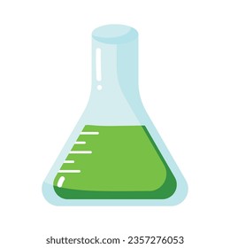 Cartoon lab tube with green liquid. School chemistry supplies. Doodle style. Vector illustration