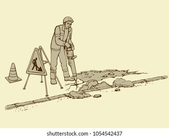 Cartoon labor person in overalls workwear and helmet with jack hammer removes bitumen pothole for autobahn renovation on background. Hand drawn sketchy in modern doodle style with space for text
