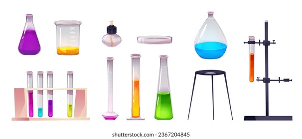 Cartoon laboratory beaker. Science chemistry lab flask vector glass equipment isolated on background. Scientific text container icon. Medicine object collection of bottle to measure liquid potion